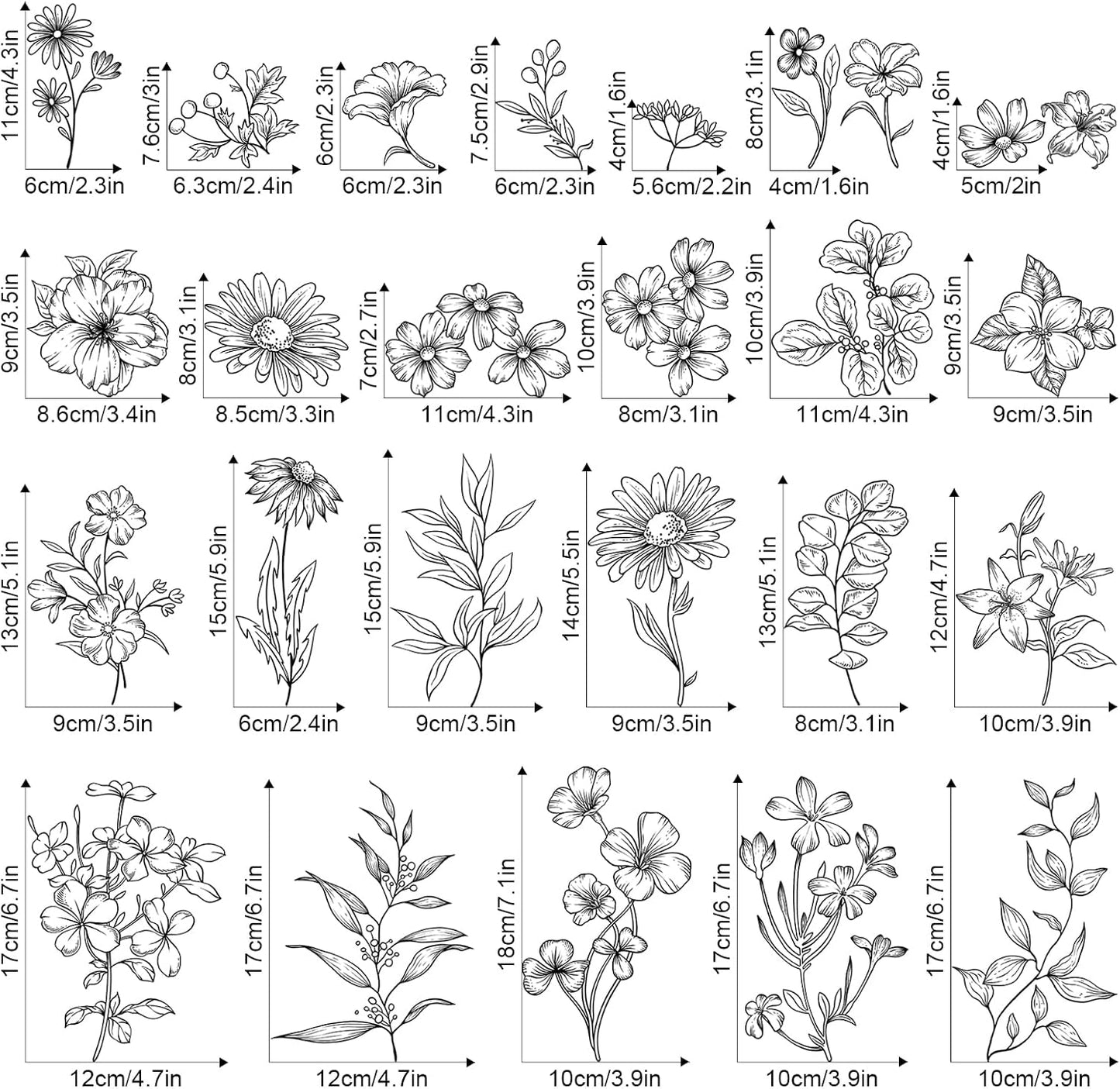 Flower Wall Decals Murals / Black / Set of 67