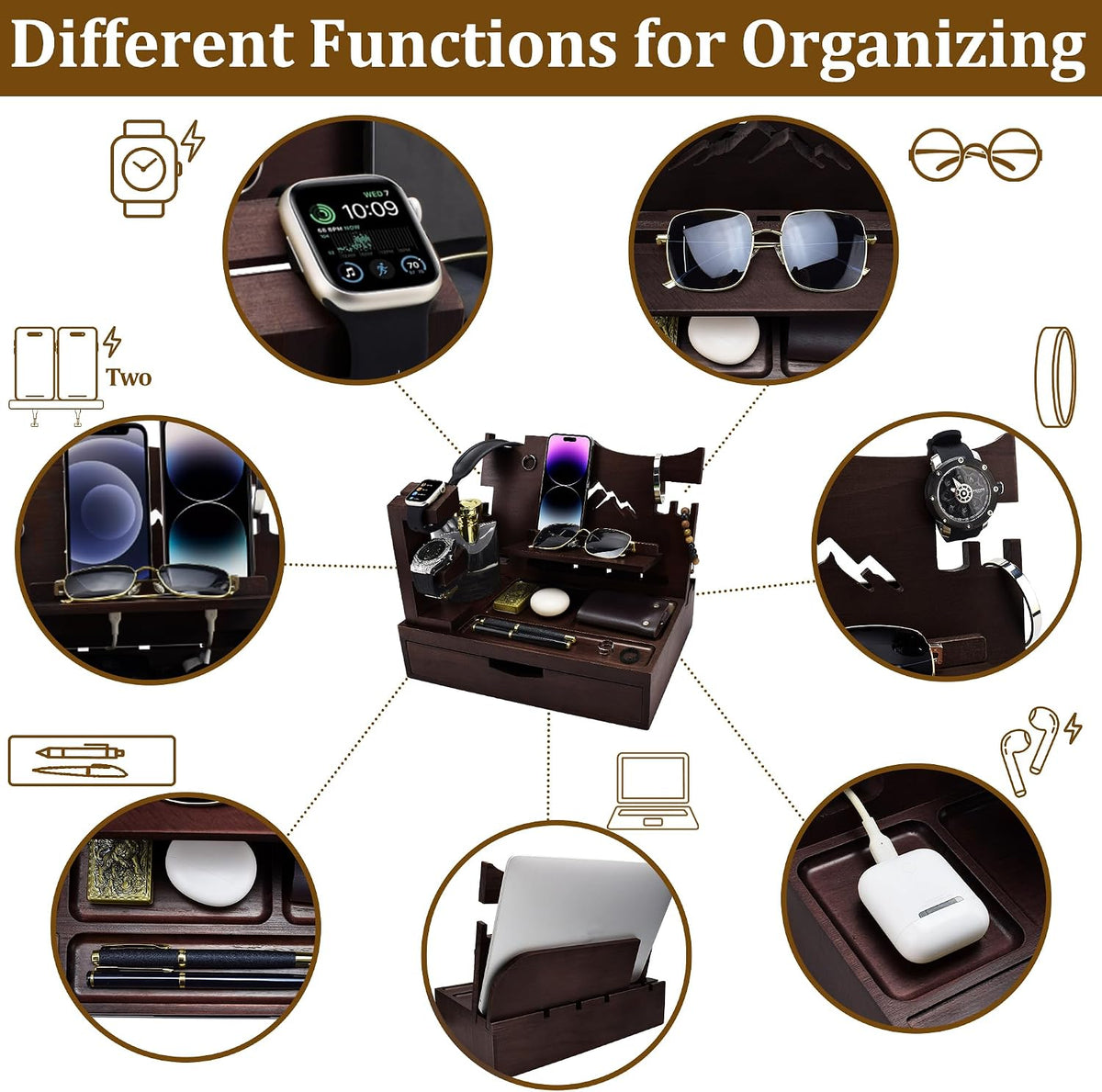 Nightstand Organizer for Men with Large Drawer, Wood Phone Docking Station for Phone, Apple Watch, Wallet & Keys, Ideal