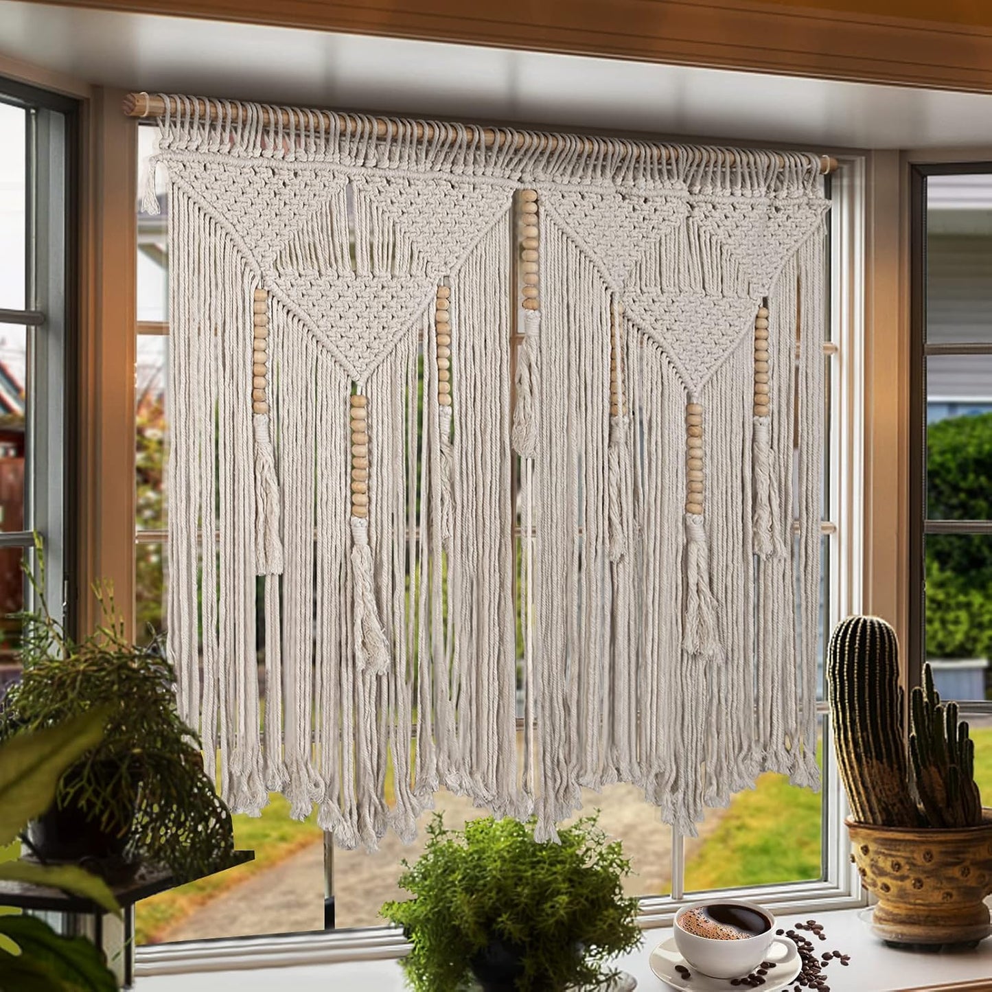 Large Macrame Wall Hanging " Boho Tapestry Woven Wall Decor- Cotton Tassel / Beige / 43.3 x 39.4