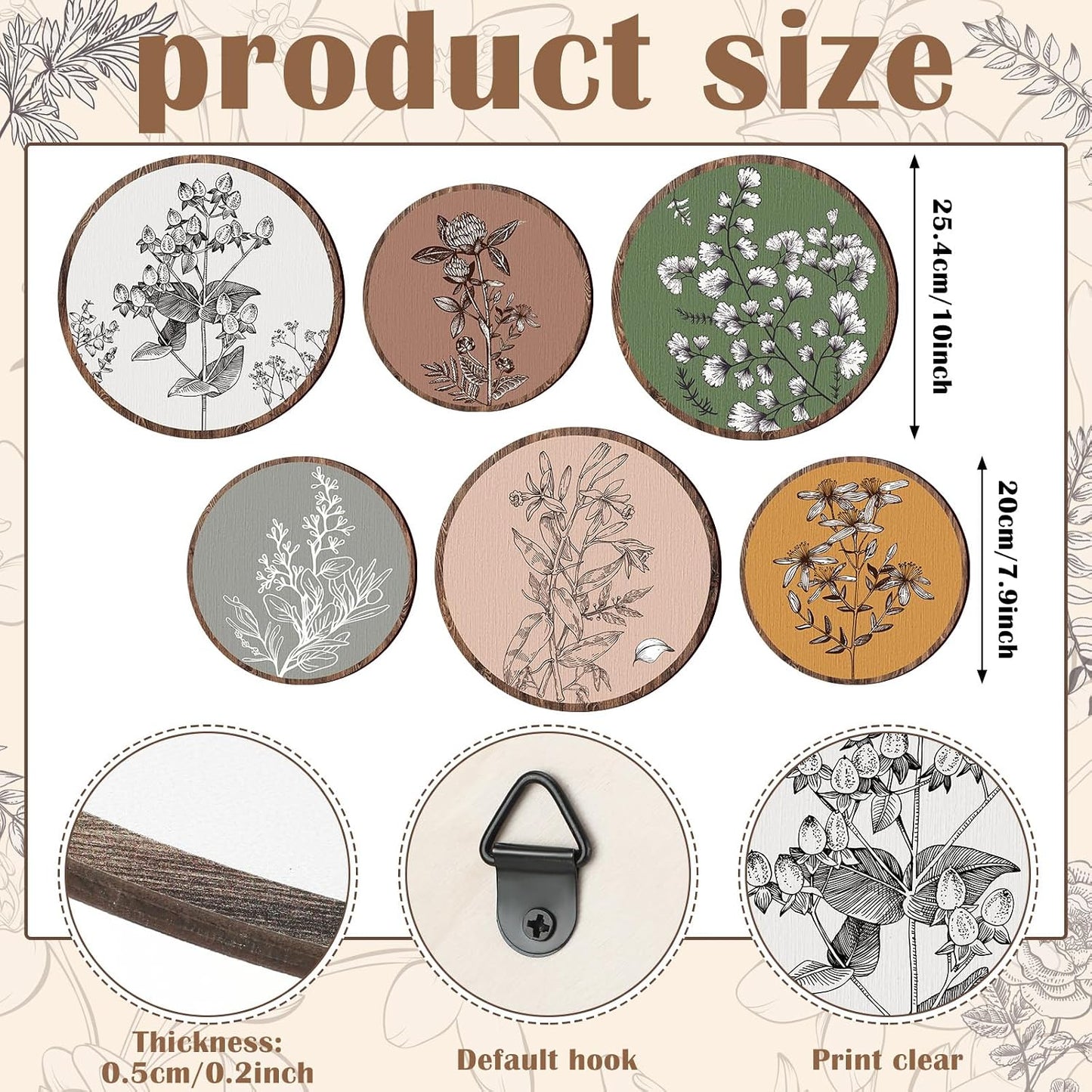 Boho Plant Wall Art Decor Wooden Boho Farmhouse Rustic Bohemian / Retro / 8 Inch, 10 Inch / Set of 6