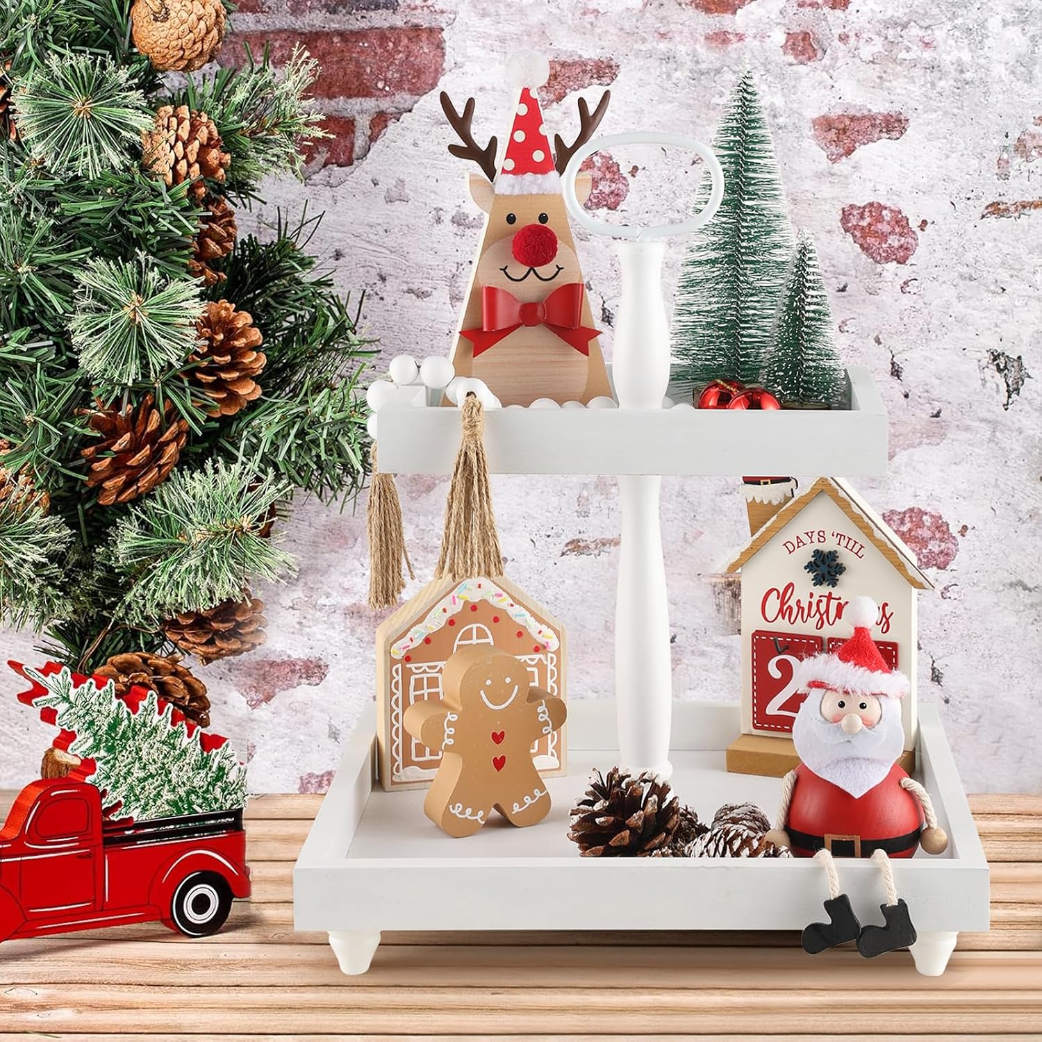 Rustic Wooden 2 Tier Decorative Tray / 12.6 x 12.6 x 16 / White