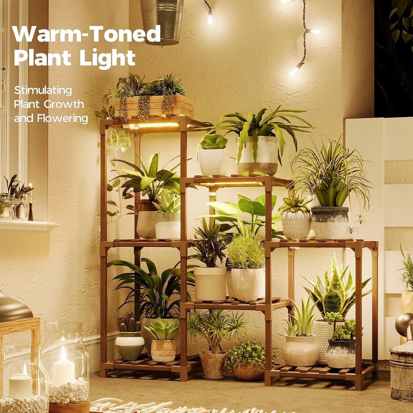 Bamworld Plant Stand with Grow Light Plant Shelf for Mutiple Pots 3 Tiers Ladder Plant Holder for Living Room Patio