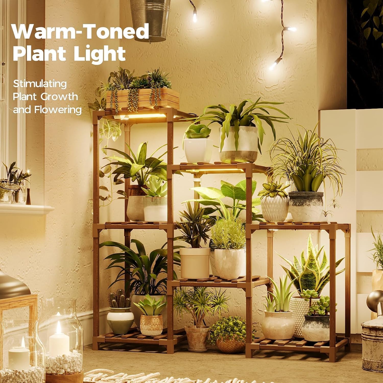 Bamworld Plant Stand with Grow Light Plant Shelf for Mutiple Pots 3 Tiers Ladder Plant Holder for Living Room Patio