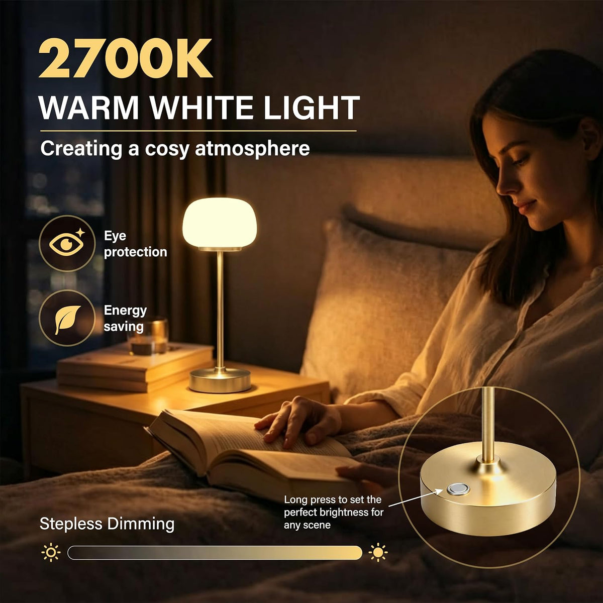 2 Pack Cordless Accent Table Lamp, 2700K Warm Light, 11" High, Gold | Opal Glass, Stepless Dimming, Portable
