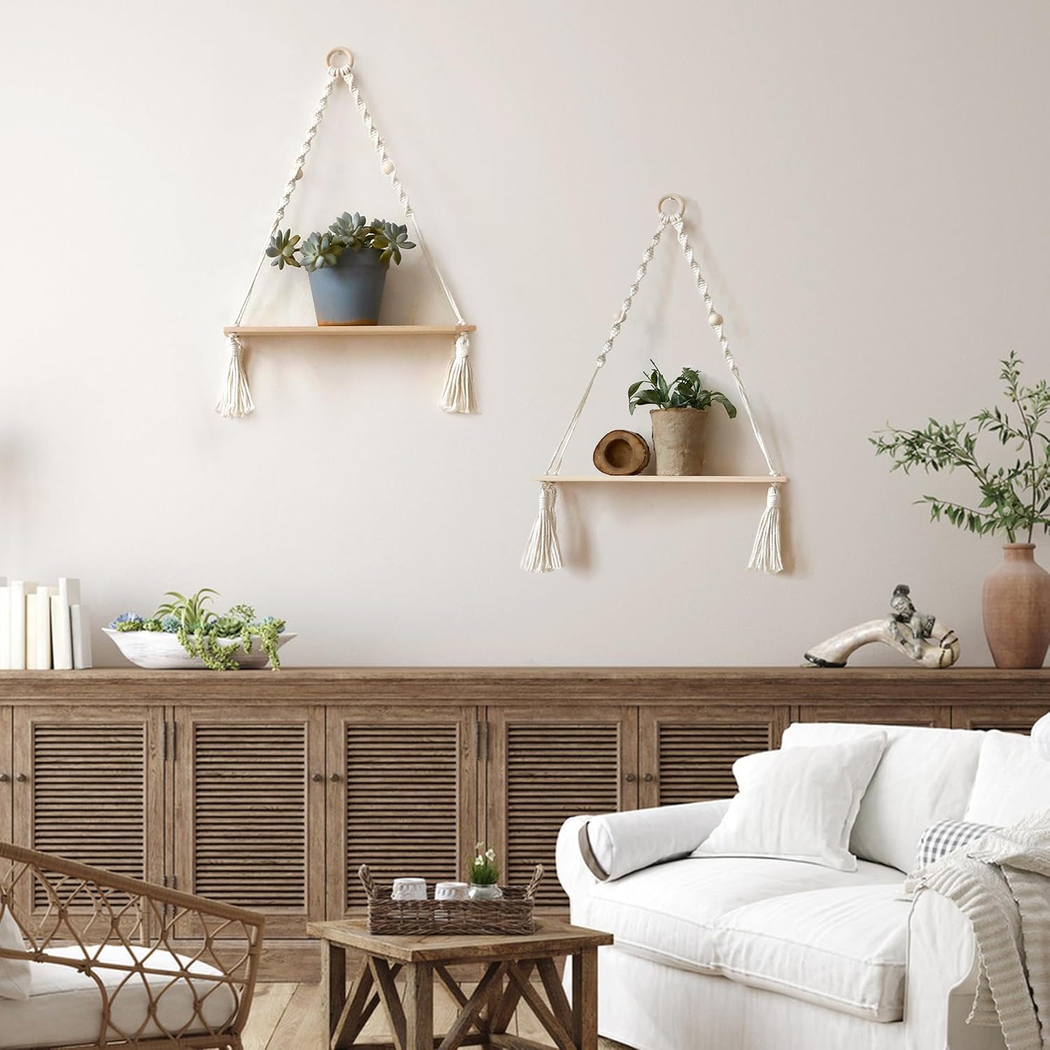 Wooden Wall Hanging Shelves / Beige Macrame / Set of 2