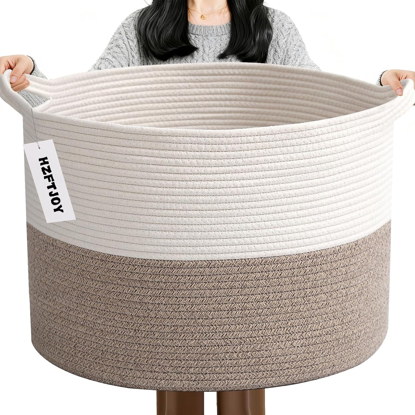 115L Extra Large Blanket Basket,Woven Laundry Basket- White & Brown