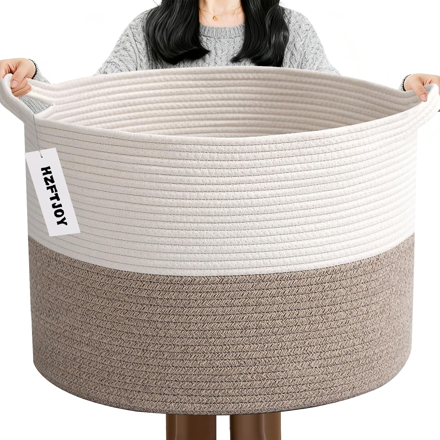 115L Extra Large Blanket Basket,Woven Laundry Basket- White & Brown