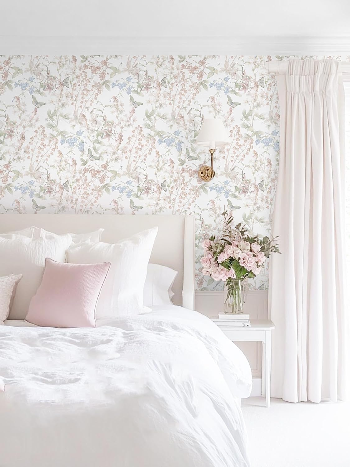 Floral Wallpaper Pink Peel and Stick Wallpaper White Boho Contact Paper / Flutter Pink / 17.3 x 197
