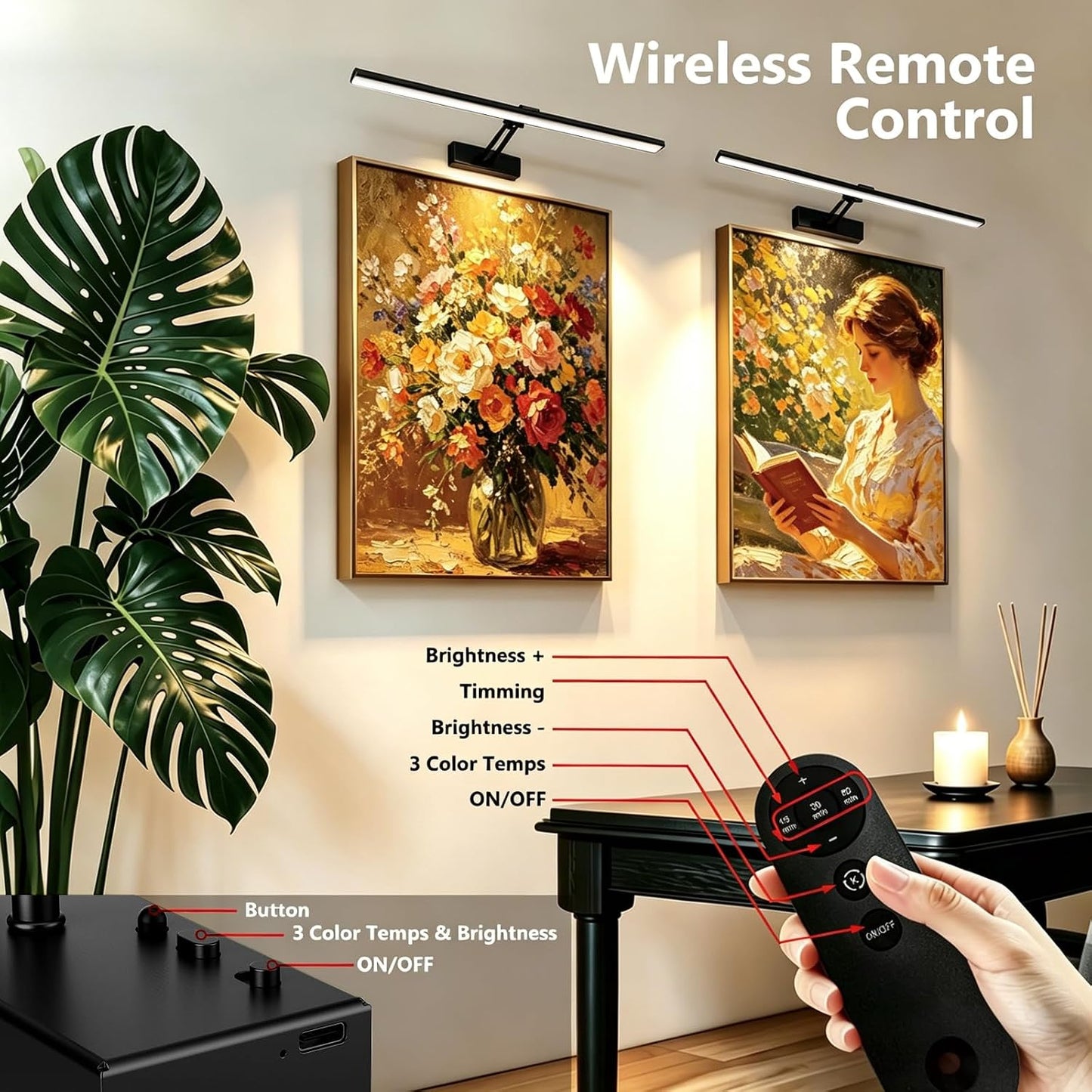 24" Wireless Picture Light, Dimmable Rechargeable Wall Light for Artwork | 5400mAh Cordless Black Wall Sconce