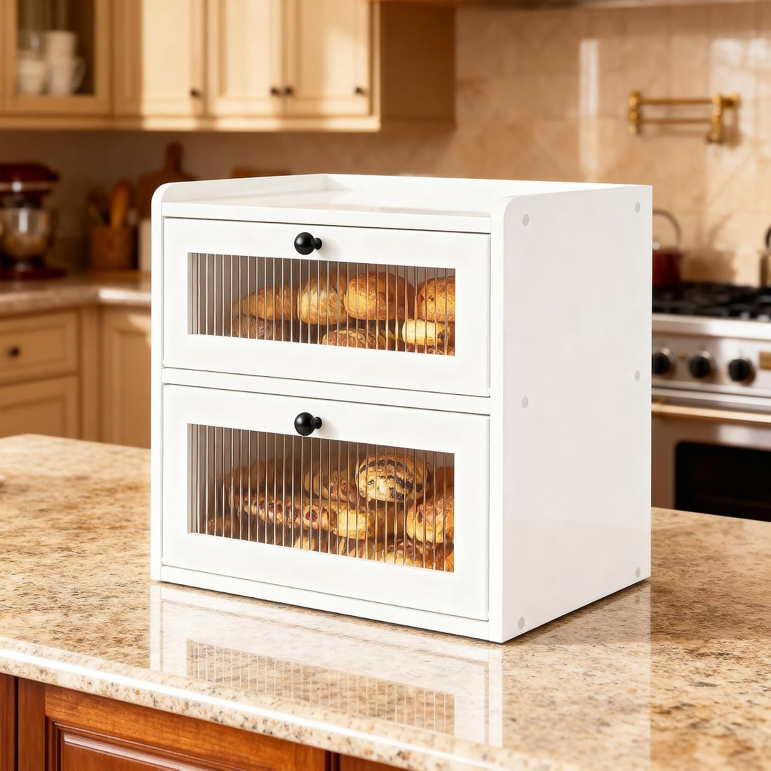 Alpeir Wooden Bread Box for Kitchen Countertop, Large Double Layer, White | Food-Safe Pine Wood, Double-Row