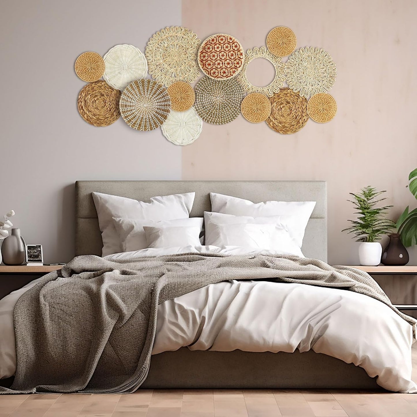 Boho Wall Basket Decor Handcrafted Seagrass Woven Wall Basket Rustic Round / Fresh Style / Set of 15