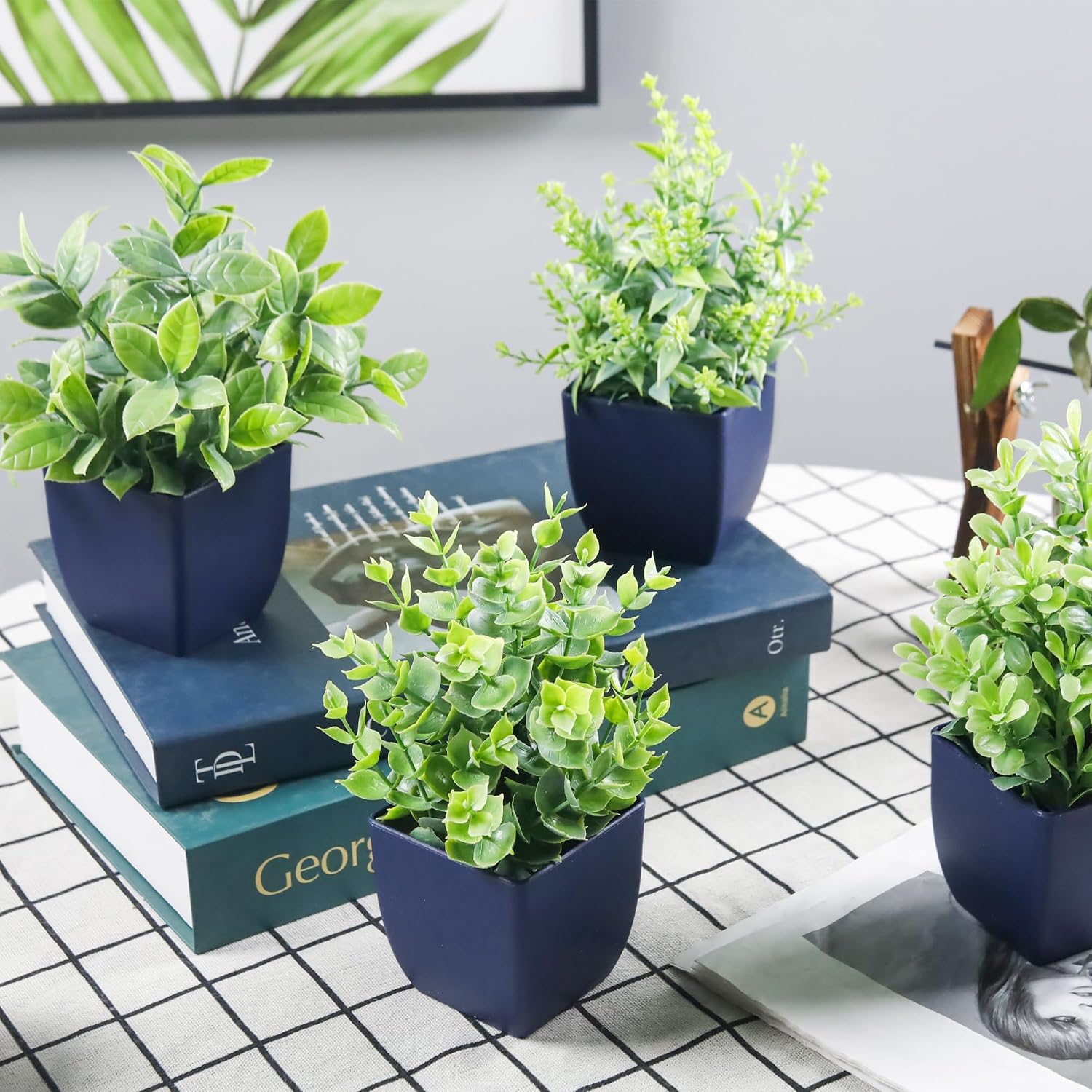 Small Fake Plants Artificial Plants Indoor Office Desk Accessories for Aesthetic / Blue / Set of 4
