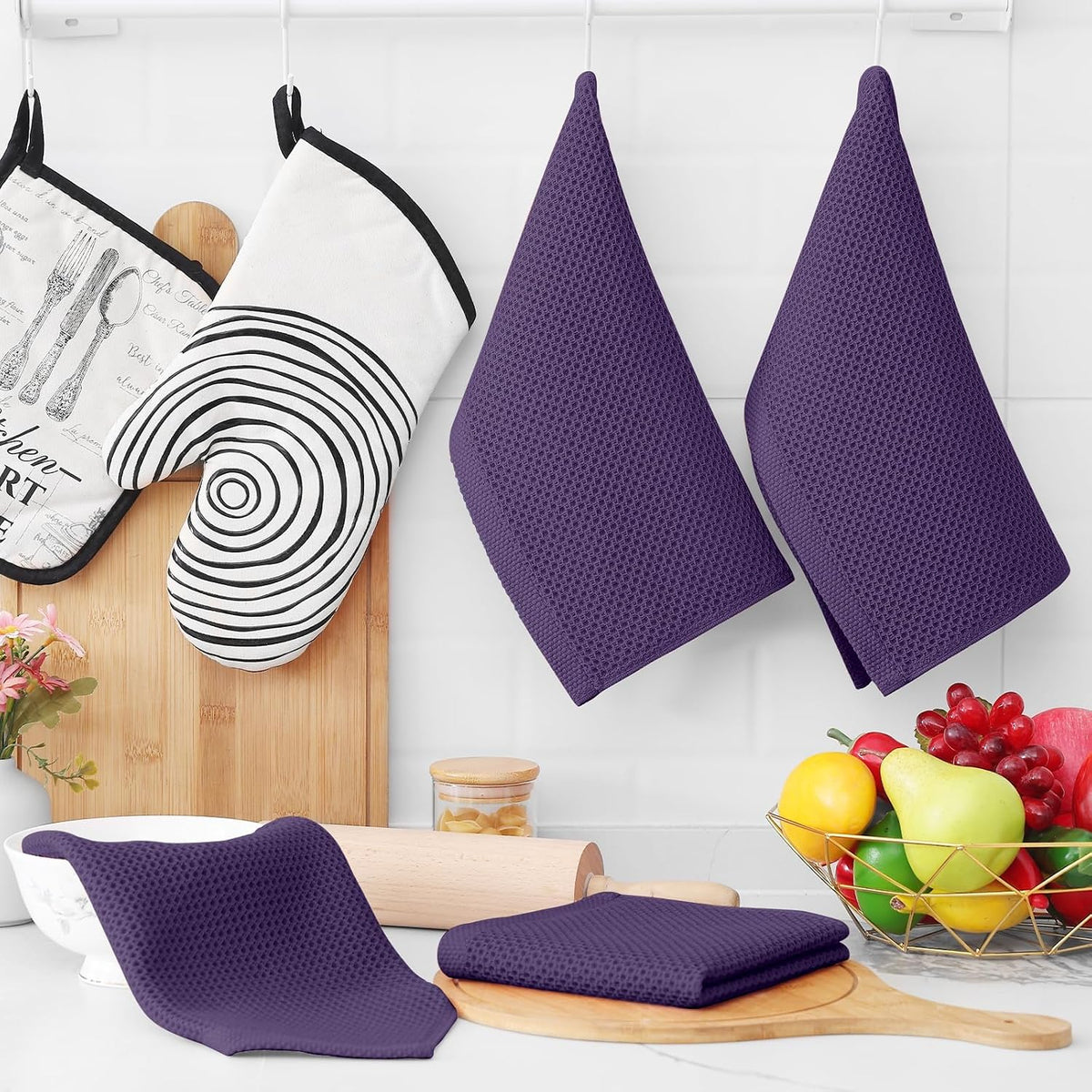 Homaxy 100% Cotton Waffle Weave Kitchen Dish Cloths 24-Pack, Eggplant | 12 x 12 Inches, Ultra Soft Absorbent Dish