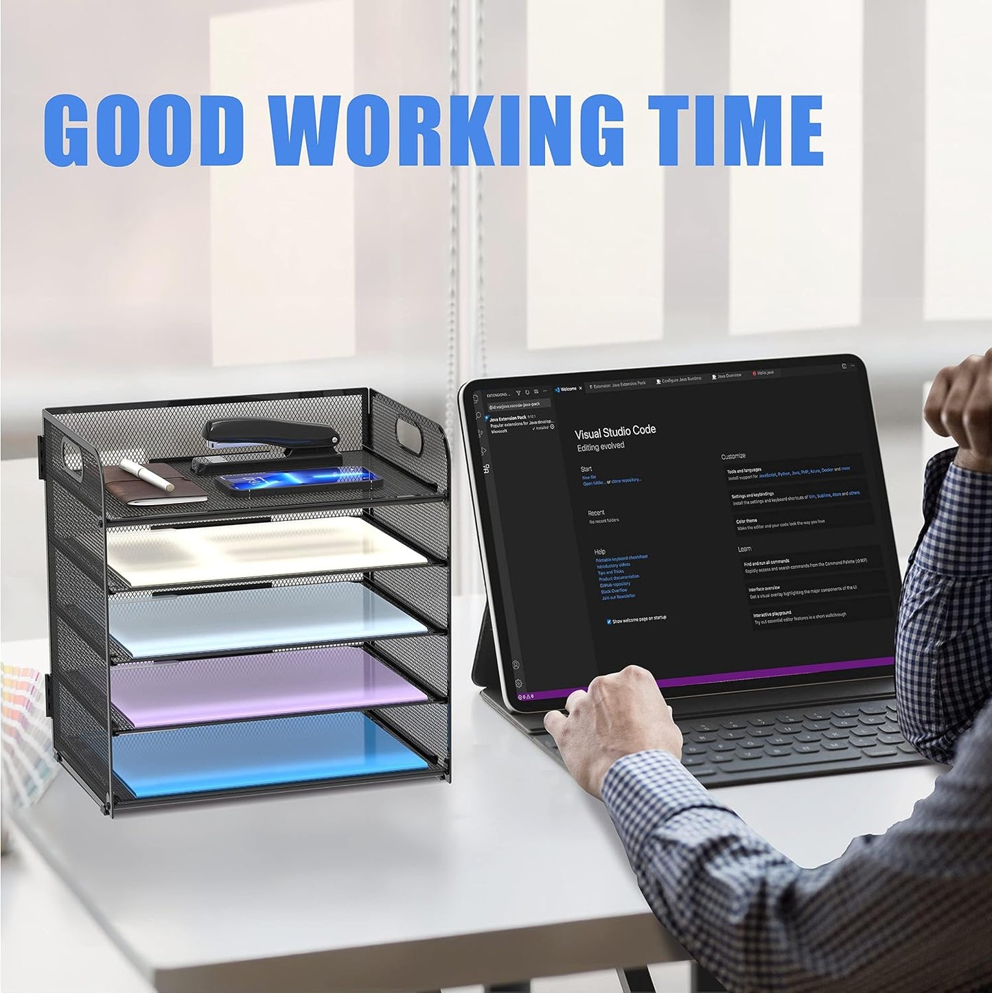 2 Pack 5-Tier Desk Organizer with Handle Mesh Desk File/Paper Organizer Letter Tray for Office, School, Classroom and