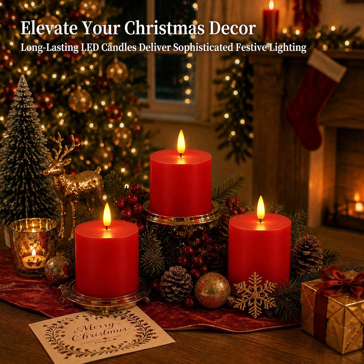 Homemory 3x3 Red Flameless Candles Battery Operated with Remote Timer, 3PC | Real Wax LED Pillar Candles with 3D Wick