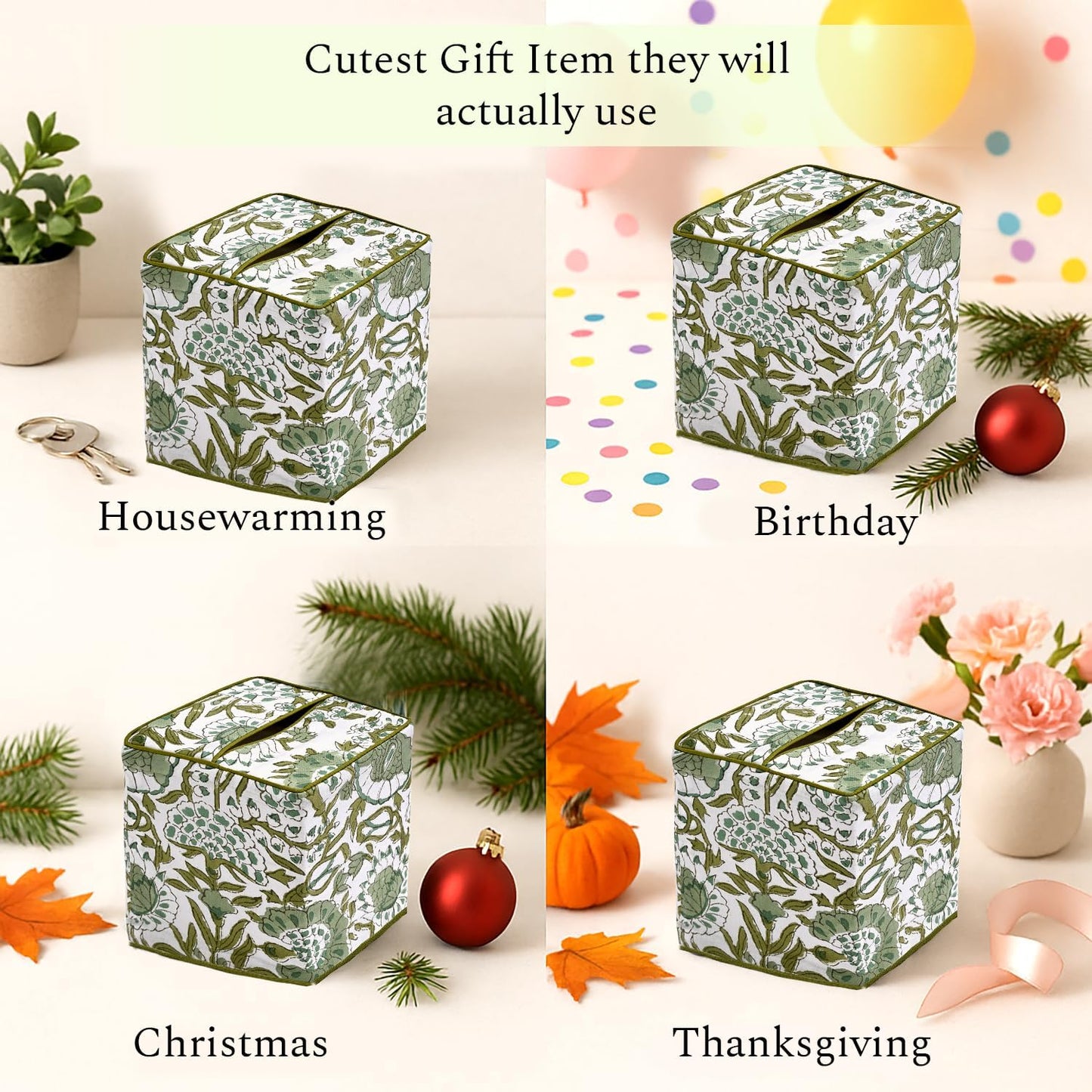 CPC Hand Block Printed Cotton Tissue Box Cover " Square Soft Reusable / Agate Green / 5 x 5 x 5.5