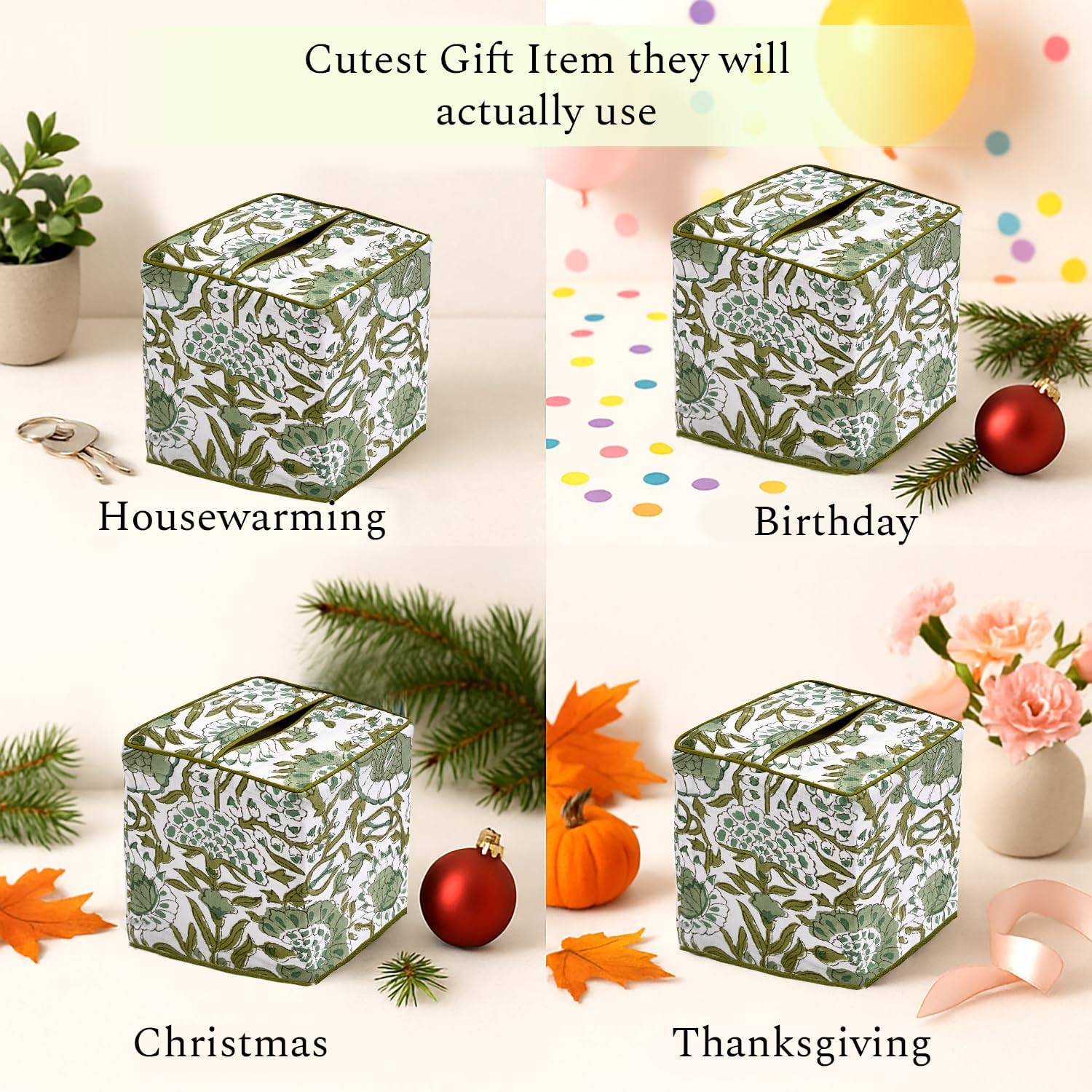 CPC Hand Block Printed Cotton Tissue Box Cover " Square Soft Reusable / Agate Green / 5 x 5 x 5.5