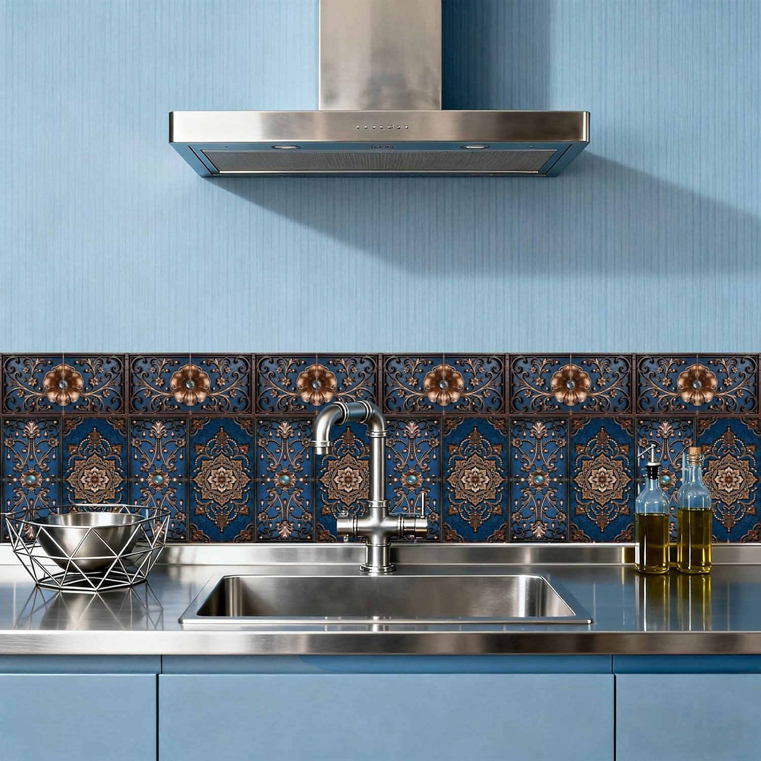 6 Style Wall Stickers Pattern Peel and Stick Wall Tile Sticker / Blue Textured Flowers / Set of 36