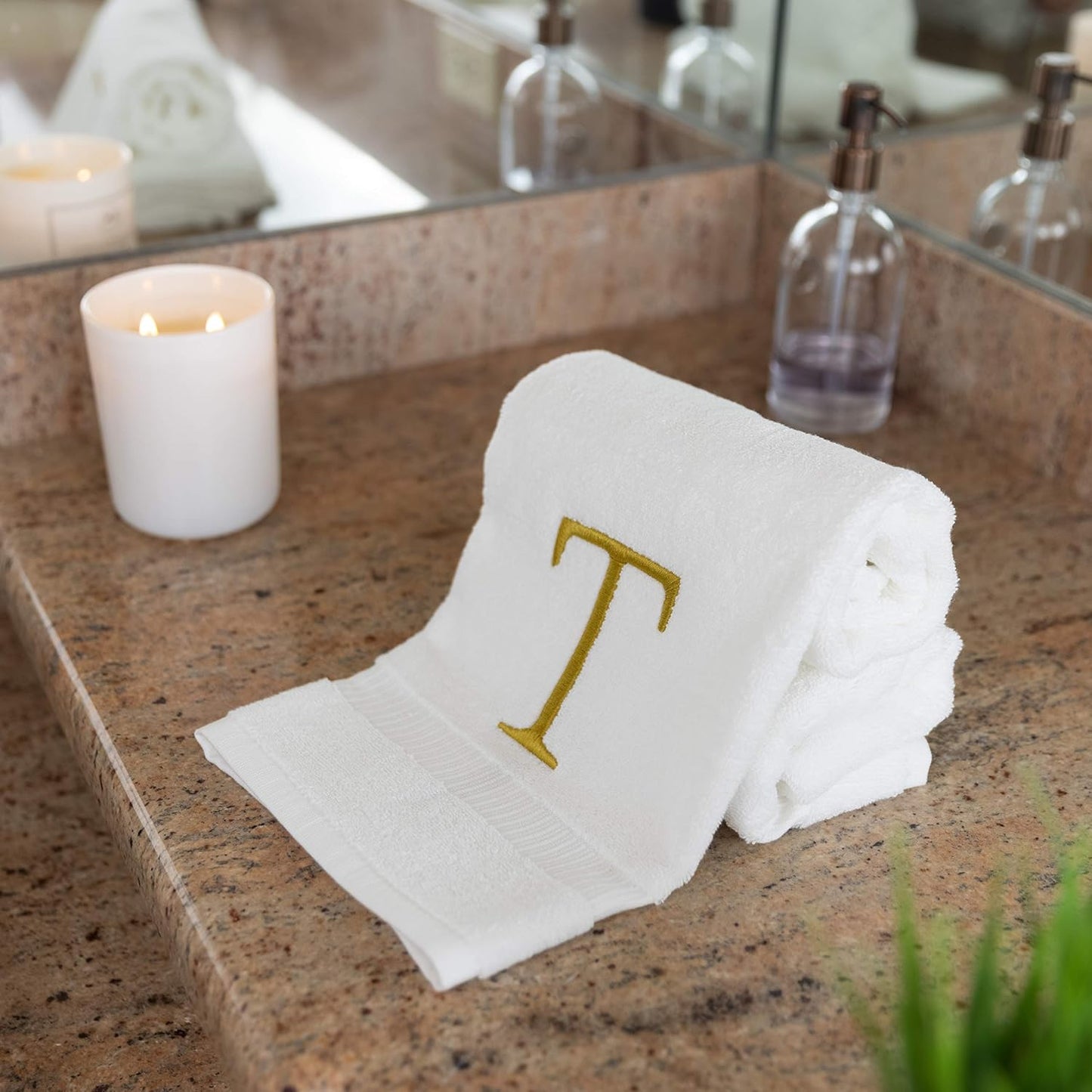 White with Gold Monogrammed Hand Towels for Bathroom - Set of 2 Letter T | Luxury Hotel Quality Initial Towels For