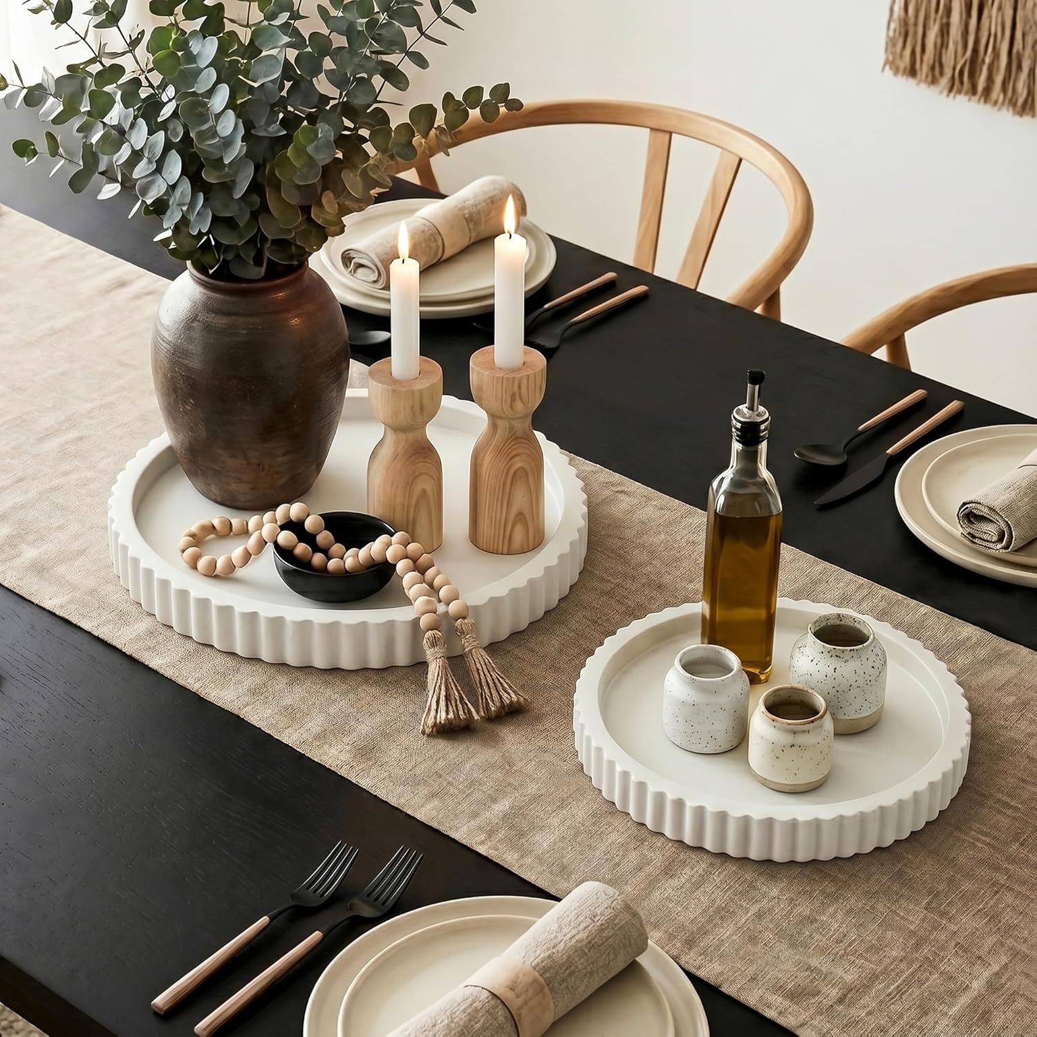 Modern Minimalist Wooden Round Decor Tray / White / Set of 2