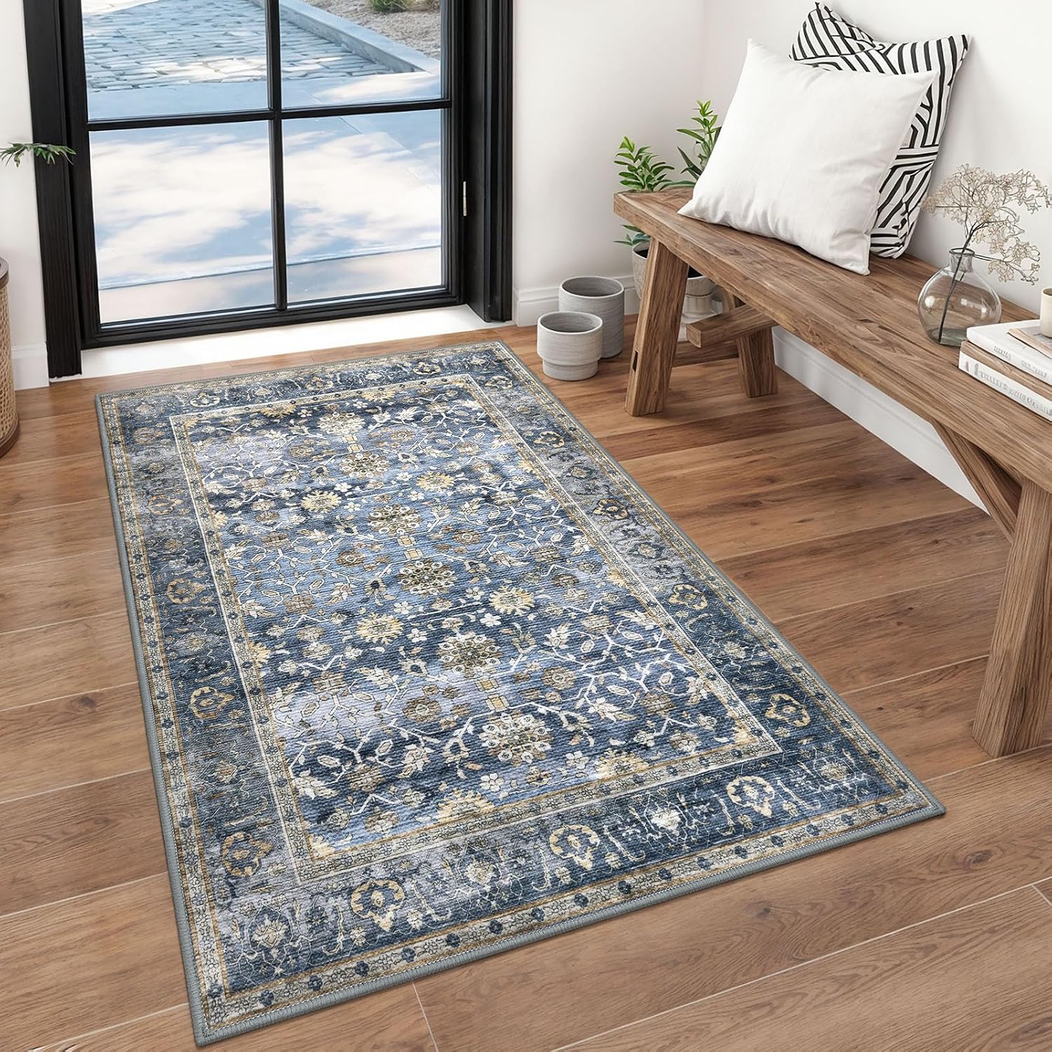 4x8 Washable Kitchen Area Rug: Farmhouse Stain-Resistant Elegant Floral Rug for Living Room Bedroom Wide Soft Carpet