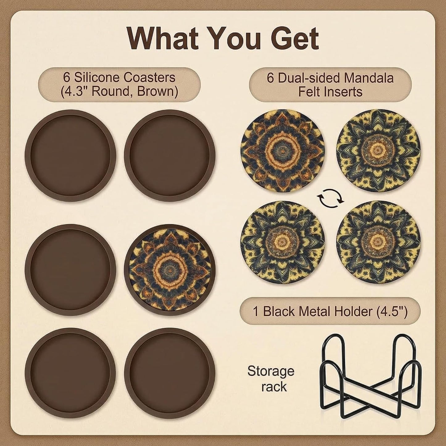 Holder / 4.3 Inch Coasters with 4.5 Inch Holder / Dual-sided Mandala-themed Patterns / 4.3 Inch