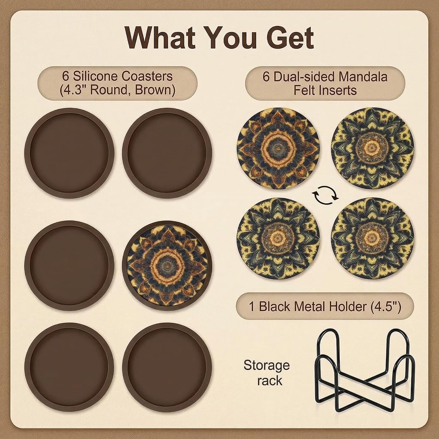 Holder / 4.3 Inch Coasters with 4.5 Inch Holder / Dual-sided Mandala-themed Patterns / 4.3 Inch