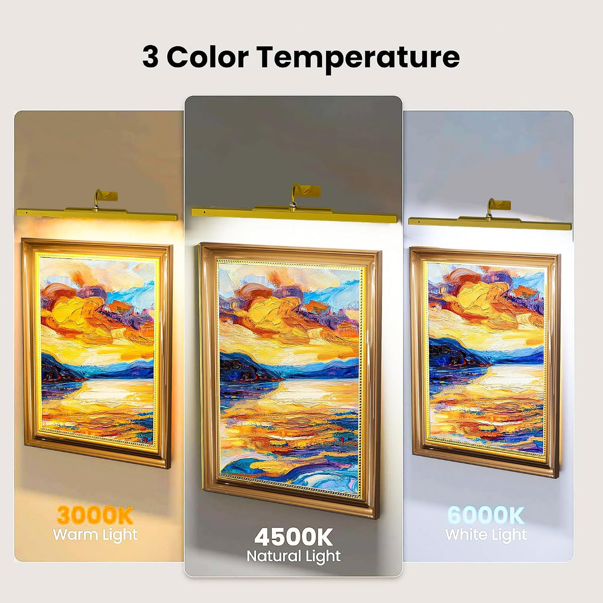 3 Pack Gallery Picture Frame Lights - 24Inch Gold Battery Wireless Wall Mounted Lighting for Large Art, Posters, Canvas