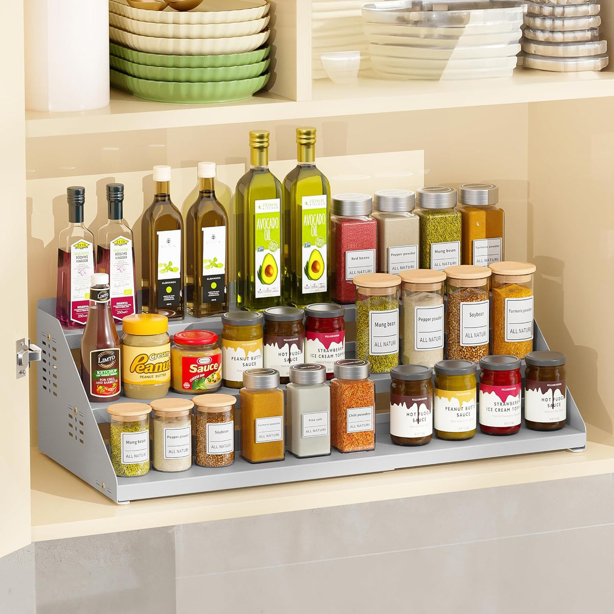 BOIVSHI 3 Tier Expandable Spice Organization for Cabinet, Gray | Height Adjustable Spice Rack for Countertop, Metal