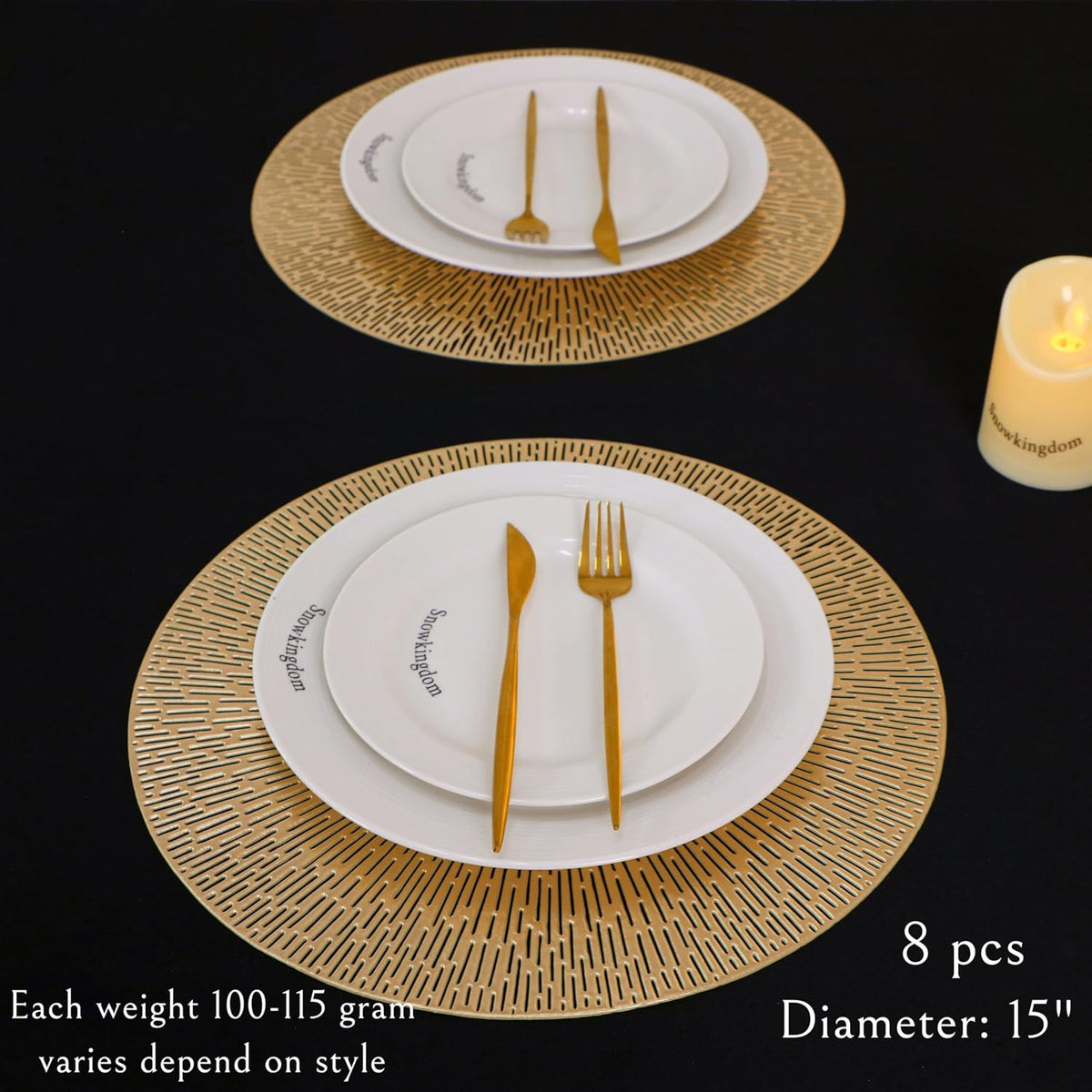 Snowkingdom Gold Placemats Round Set of 8, Gold Metallic Hollow Vinyl 15 Inch Round Placemat, Washable Wipeable Easy