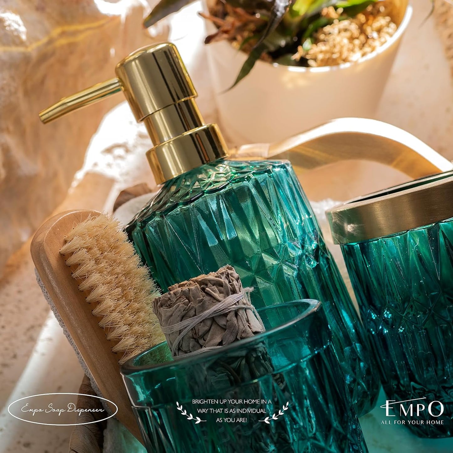 EMPO 6PCS Bathroom Clear Glass Accessories Set (Lotion Soap Dispenser, Soap Dish, Toothbrush Holder, Tumbler, Cotton