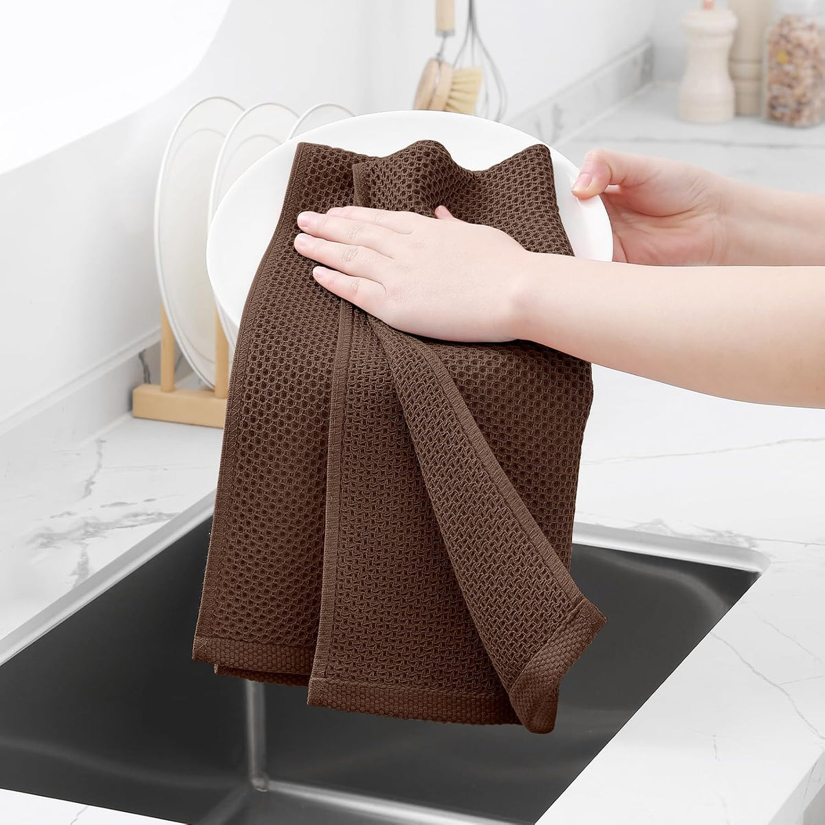 Homaxy 100% Cotton Waffle Weave Kitchen Dish Towels 8-Pack, Coffee | 13 x 28 Inches, Ultra Soft Absorbent Dish Towels