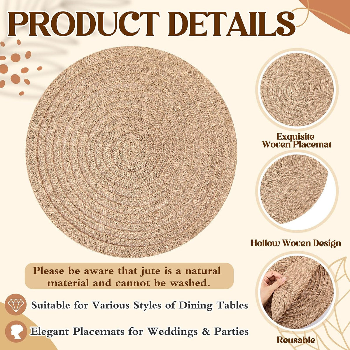 24 Pcs 13 Inch Round Burlap Woven Placemat Boho Jute Braided Charger Bulk Rustic Vintage Natural Brown Heat Resistant