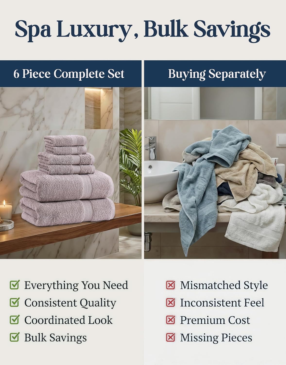 LANE LINEN Towel Set Quick Dry 100% Cotton 6 Piece Soft - Platinum | Cotton Bath Towel Set - Ring-Spun Durability