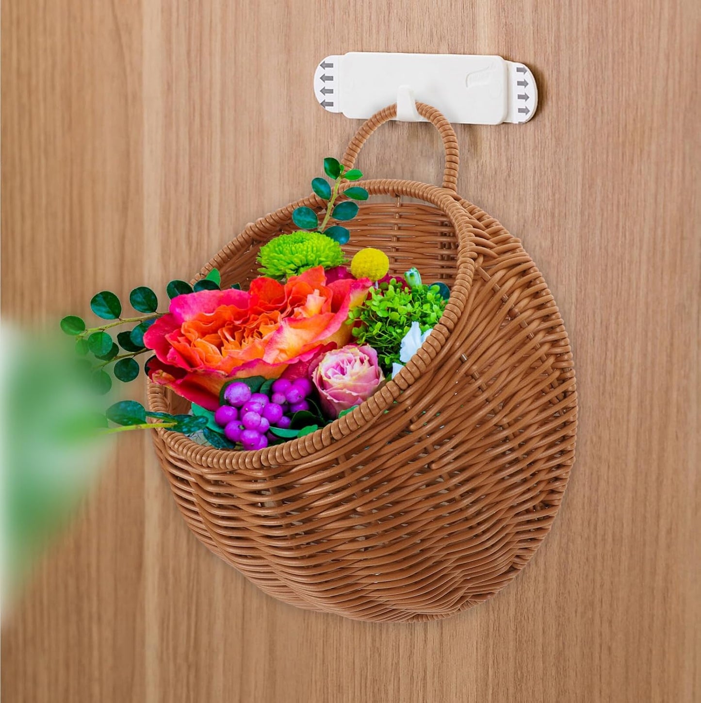 Wall Hanging Flower Basket Lightweight Woven Rattan Plant Holder / 10.62 x 9.25 x 3.93