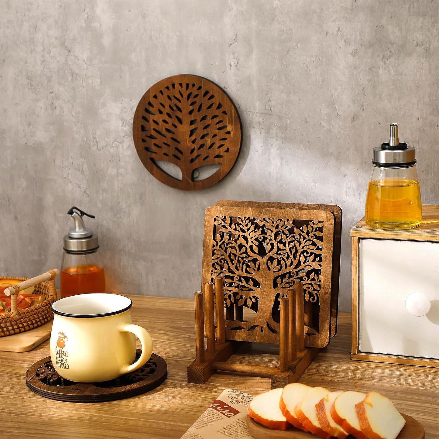 Beeveer 5 Pcs Life Tree Wooden Trivets with Storage Rack Hot Pads Trivets for Hot Dishes Pots and Pans Heat Resistant