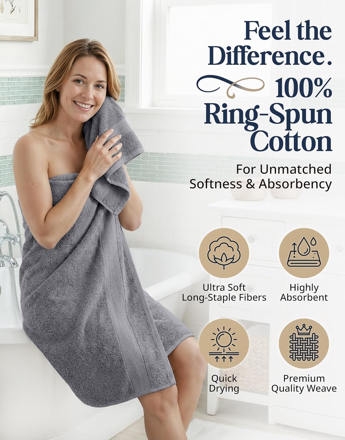 LANE LINEN Towel Set for Bathroom Soft Absorbent Quick Dry - Cool Grey | Set Of Towels - Dobby Border Accent, OEKO-TEX