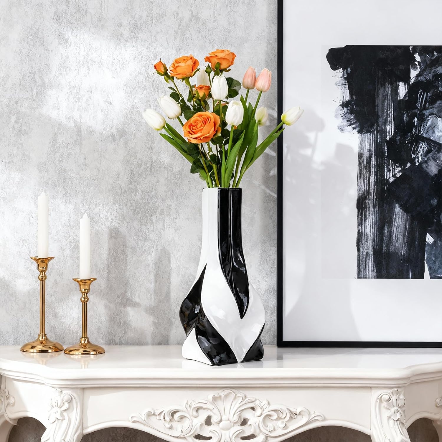 10.6" Black and White Ceramic Vase / Black White