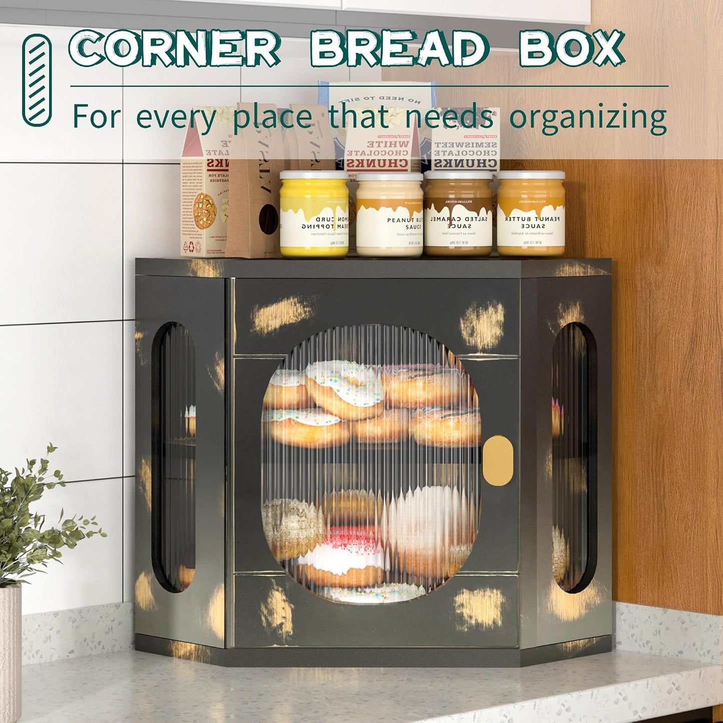 Corner Bread Box for Kitchen Countertop, Large Wooden Bread Box, Double Layer Bread Storage Bin, Bamboo Breadbox for