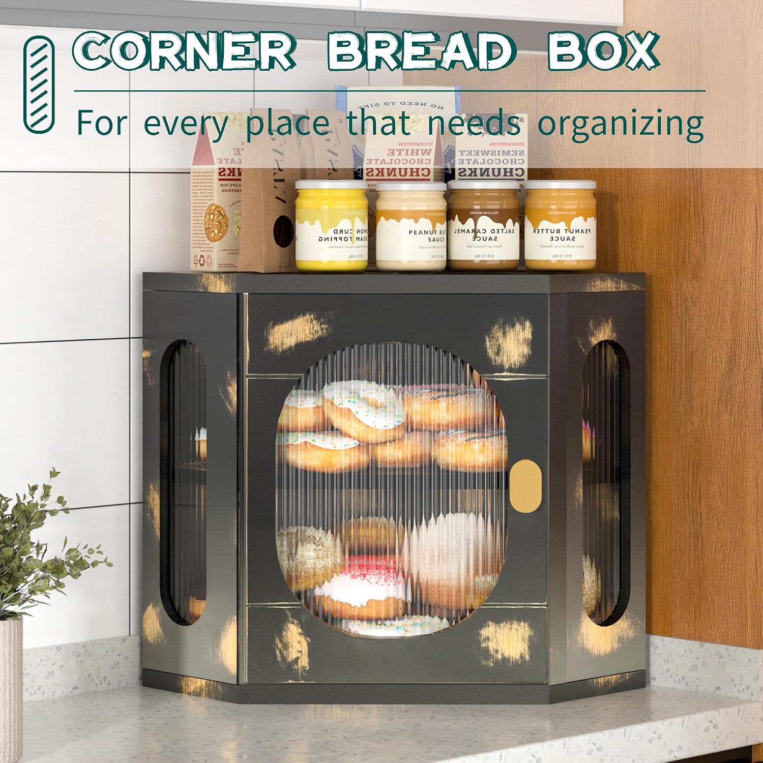 Corner Bread Box for Kitchen Countertop, Large Wooden Bread Box, Double Layer Bread Storage Bin, Bamboo Breadbox for