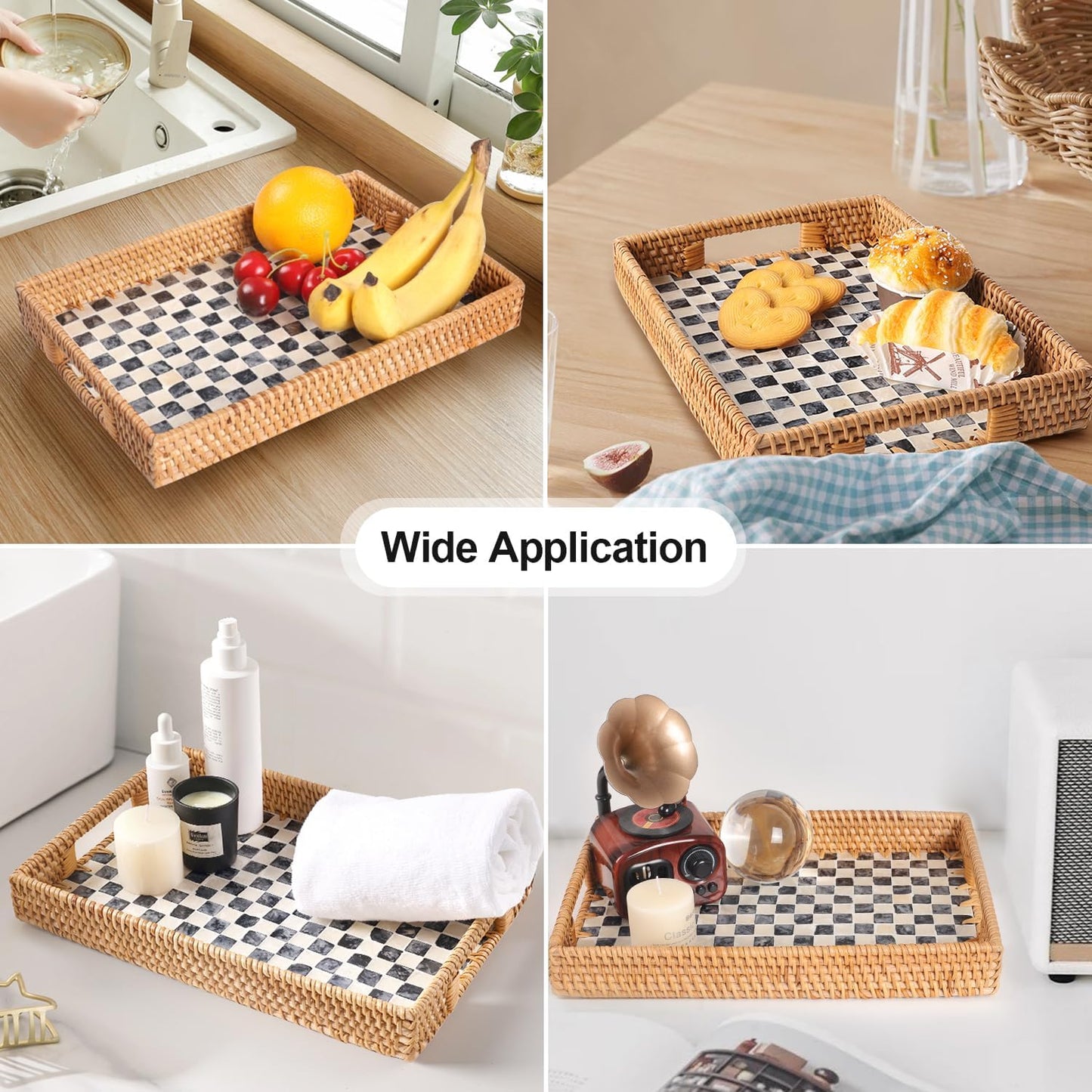 Rattan Serving Tray / Black Checkerboard