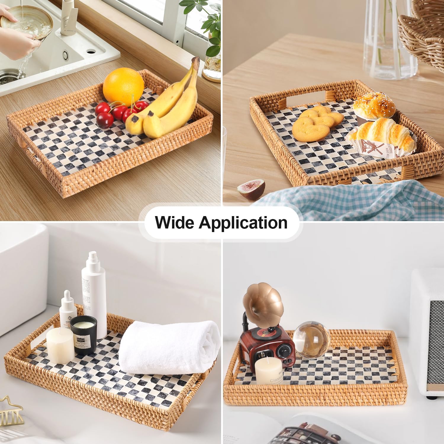Rattan Serving Tray / Black Checkerboard
