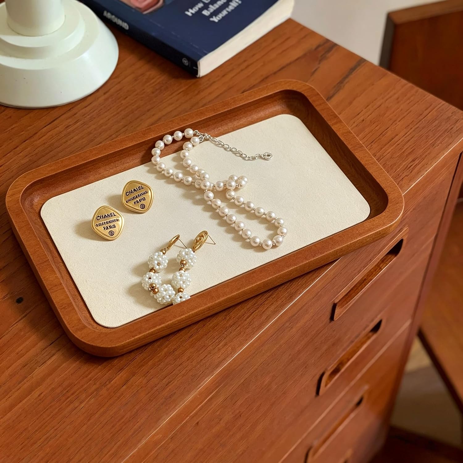 Wooden Jewelry Display Tray Rounded Rectangle Ring / Old Lace / Medium-w 3.9'' x H 0.6'' x L 7