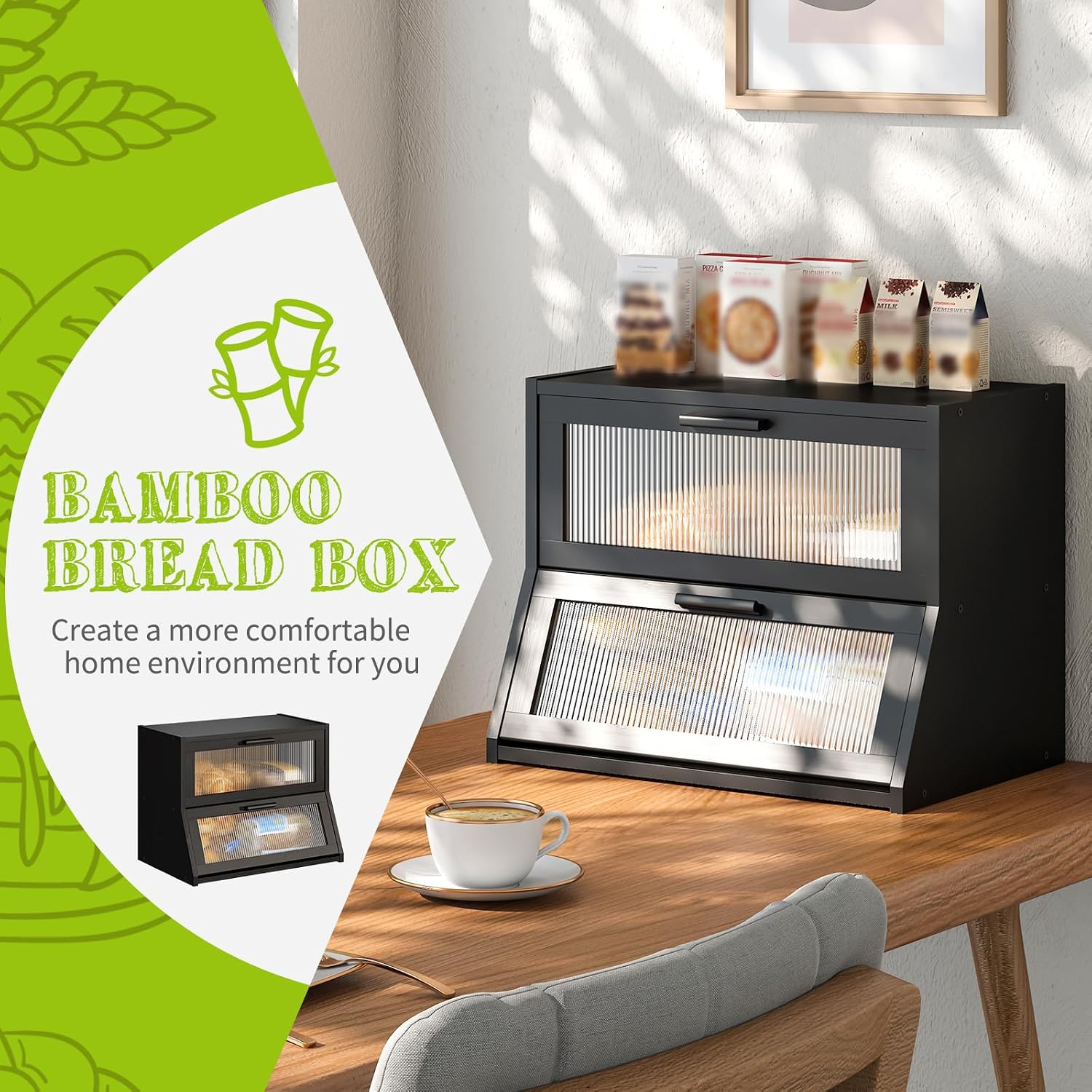 BMOSU Large Bread Box Double Layer Bamboo Bread Box for Kitchen Counter Container Farmhouse Bread Holder Capacity Bread