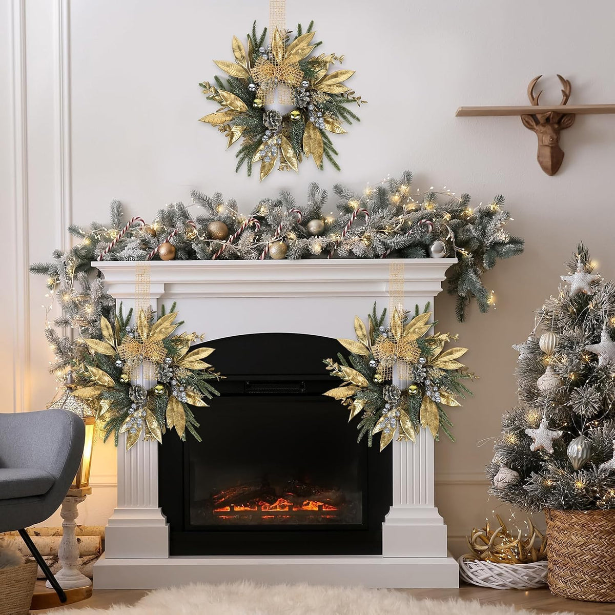 6 Pcs Christmas Candle Rings Wreaths Artificial Pine Wreaths with Christmas Balls Golden Twigs and Silver Berries