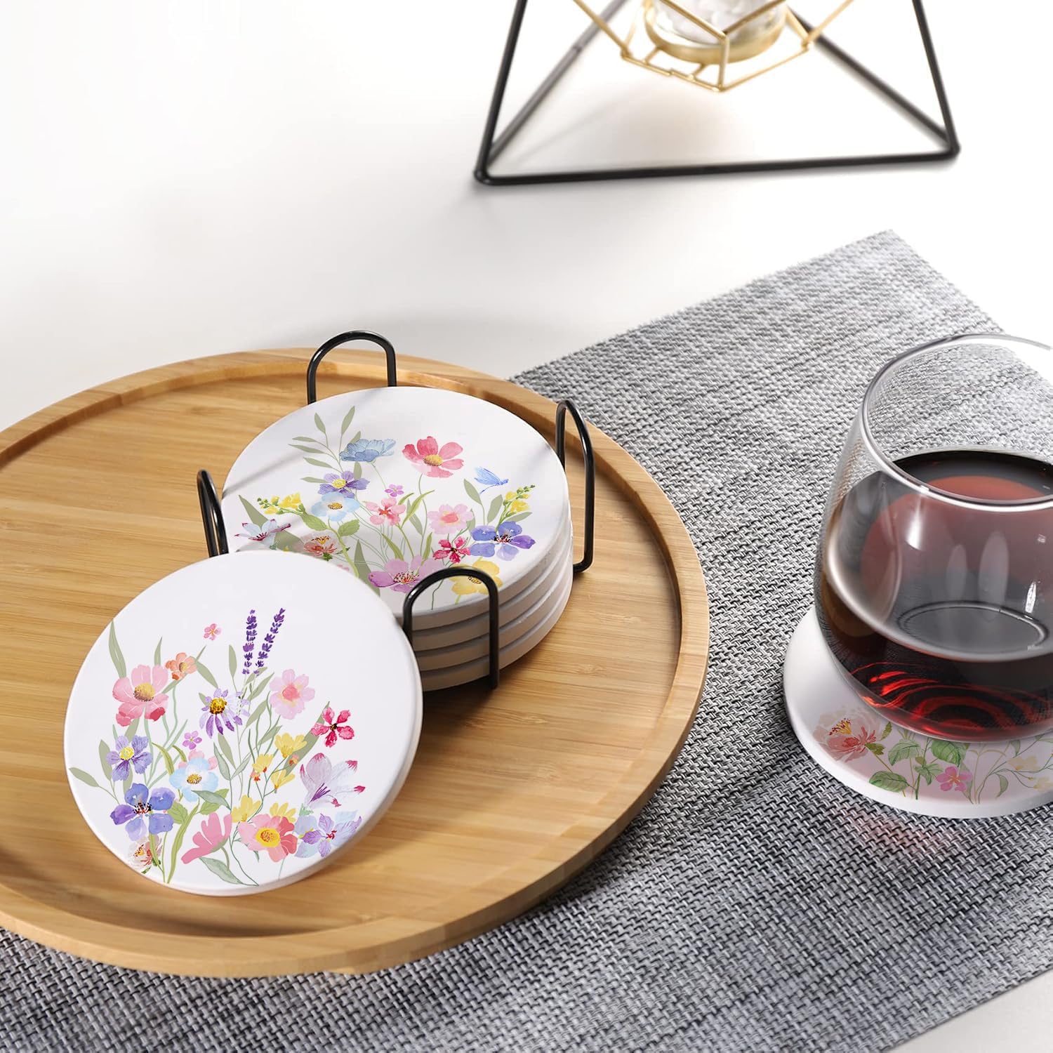 Holder / Drink Absorbent Coasters / Botanical Floral / Round / Set of 6