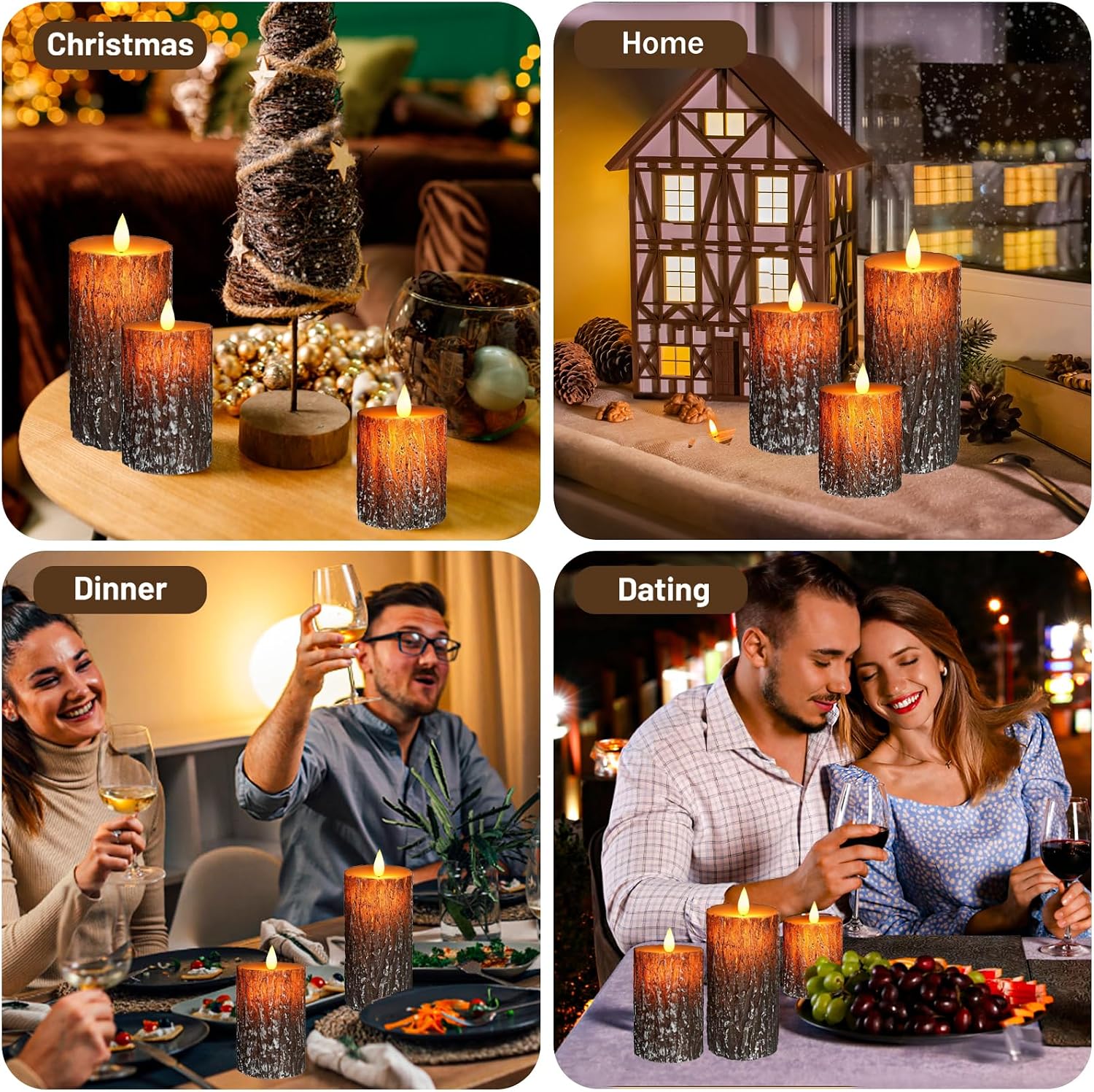 Pine Bark Flameless Candles Set of 3, Christmas Candles with Remote & Timer | Flickering Real Wax Pillar Candles