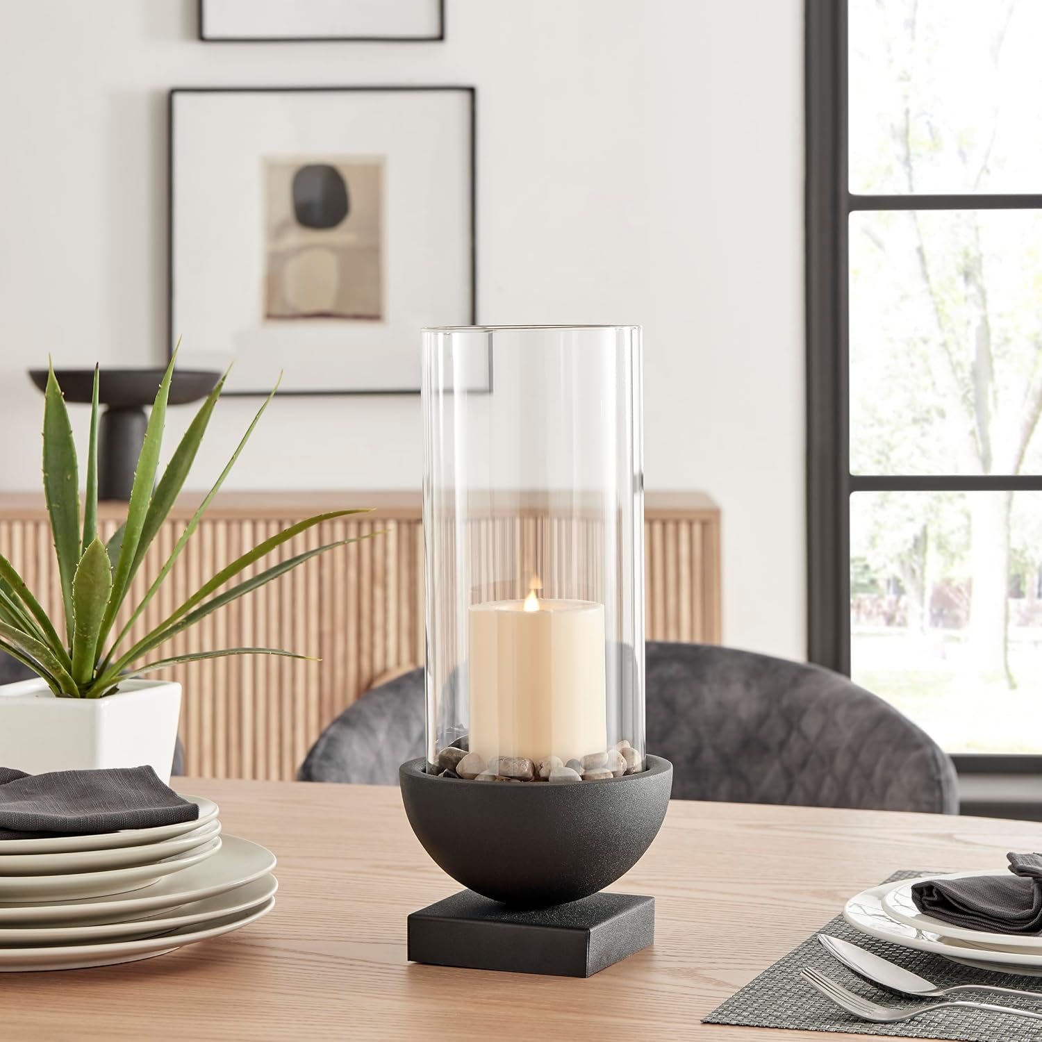 Danya B. Modern Black Metal Bold Pedestal and Glass Pillar Hurricane Candle Holder (Small)