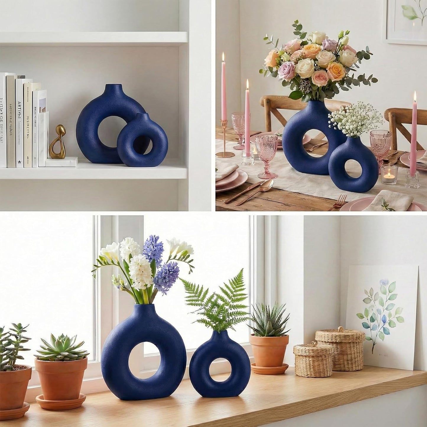 Modern Matte Ceramic Vases for Entryway Living Room / Navy Blue / Set of 2