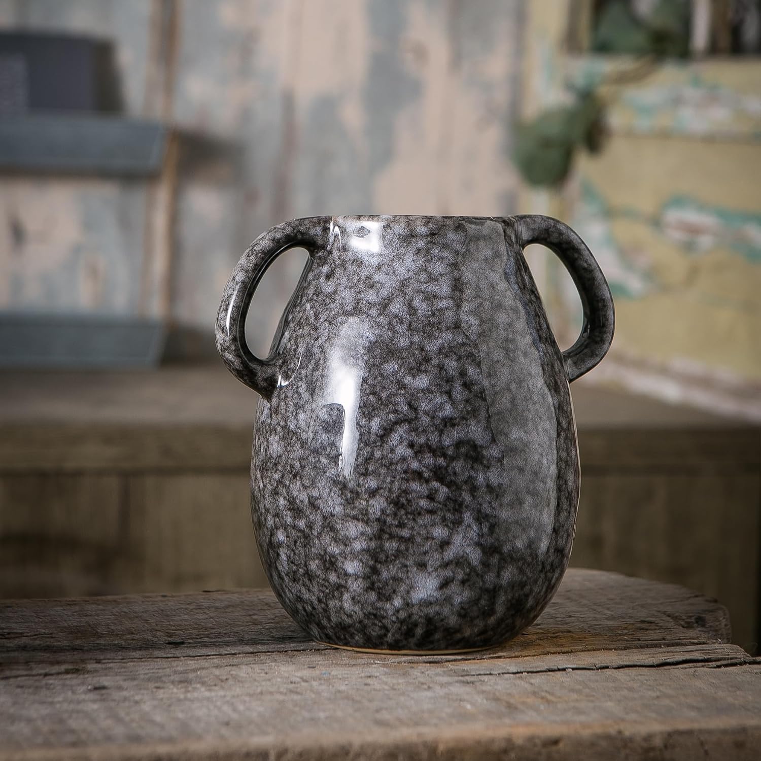 Black Ceramic Vase / Double Handle - Black